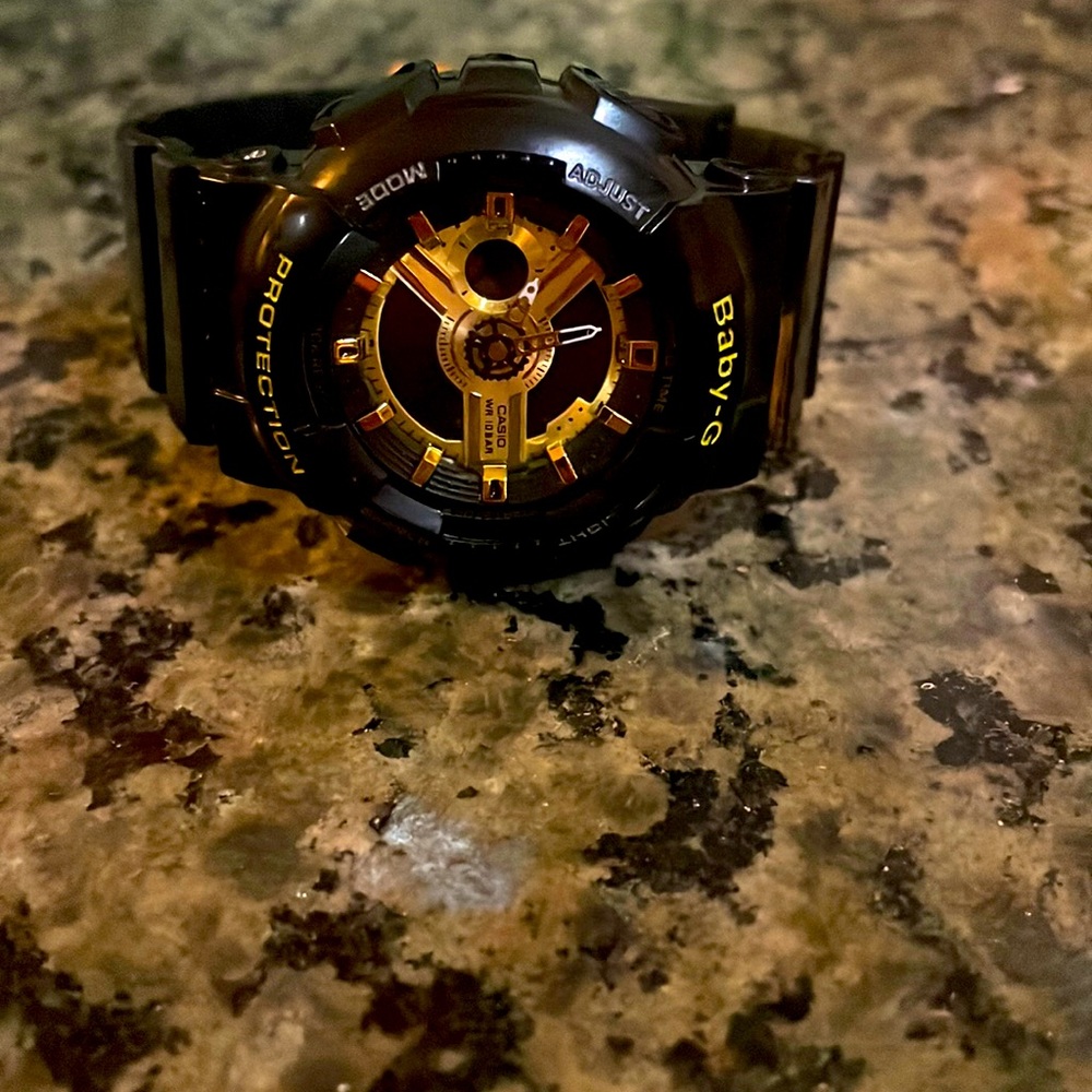Baby g shock black and gold watch with original tin case! New without tags!